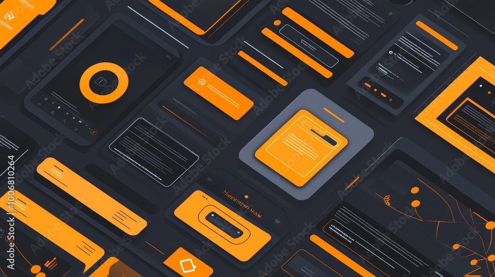 Poster a futuristic digital interface design with orange highlighted elements displayed on a dark backgroun