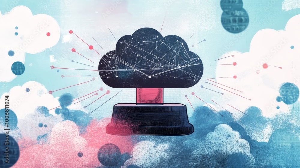 Poster conceptual art illustrates cloud computing and network connections, emphasizing control and data man