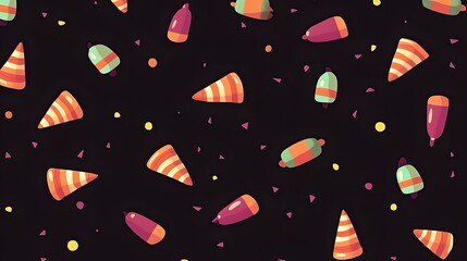 Colorful candy corn and bell shapes on a dark background.