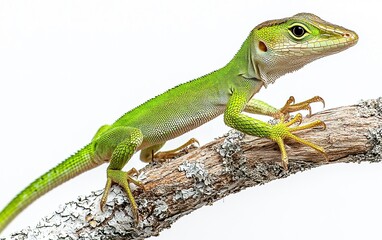 Naklejka premium A vibrant green lizard rests gracefully on a weathered tree branch under soft daylight in a tropical forest