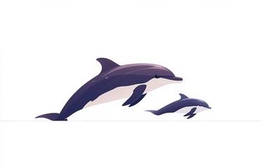 Fototapeta premium A playful encounter between a dolphin and its calf swimming gracefully in an ocean setting during bright daylight