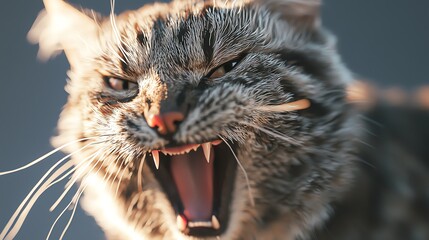 A fierce cat showing its teeth and growling, capturing a moment of raw emotion and intensity in a vivid close-up.