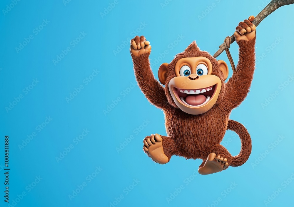 Aufkleber playful 3d monkey hanging from tree branch with exaggerated limbs and joyful expression