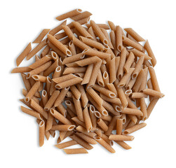A pile of whole wheat penne pasta on transparent background