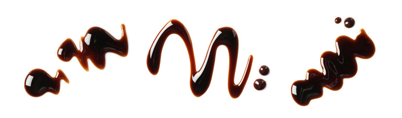 Tasty balsamic vinegar on white background, top view
