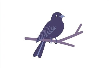 Obraz premium A vibrant purple bird perched on a slender branch against a minimalist white background, showcasing nature's delicate beauty