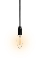 One glowing light bulb hanging on white background