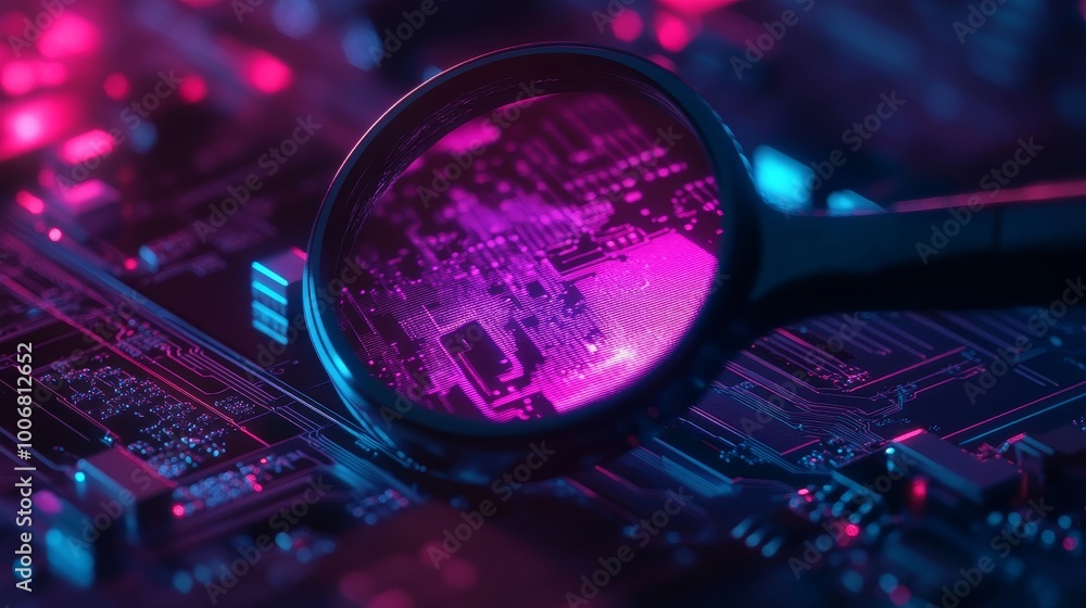 Aufkleber a magnifying glass focusing on a circuit board, symbolizing the advancement and innovation in electr