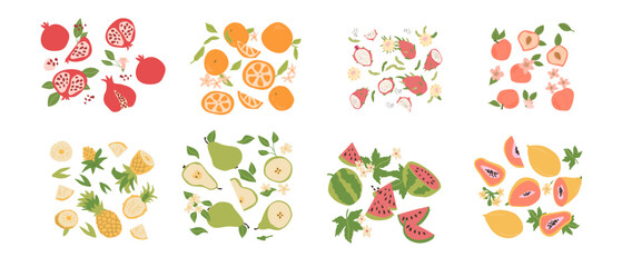 Abstract modern fruits, flat collection. Set of tropical fruits whole, slices, pieces. Pomegranate, orange, dragon fruits, peach, pineapple, pears, watermelon, papaya plant parts set