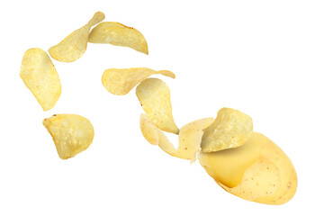 Raw potato turning into tasty crispy chips in air on white background