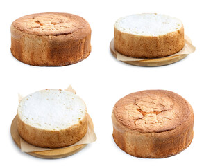 Delicious vanilla sponge cake isolated on white, collage