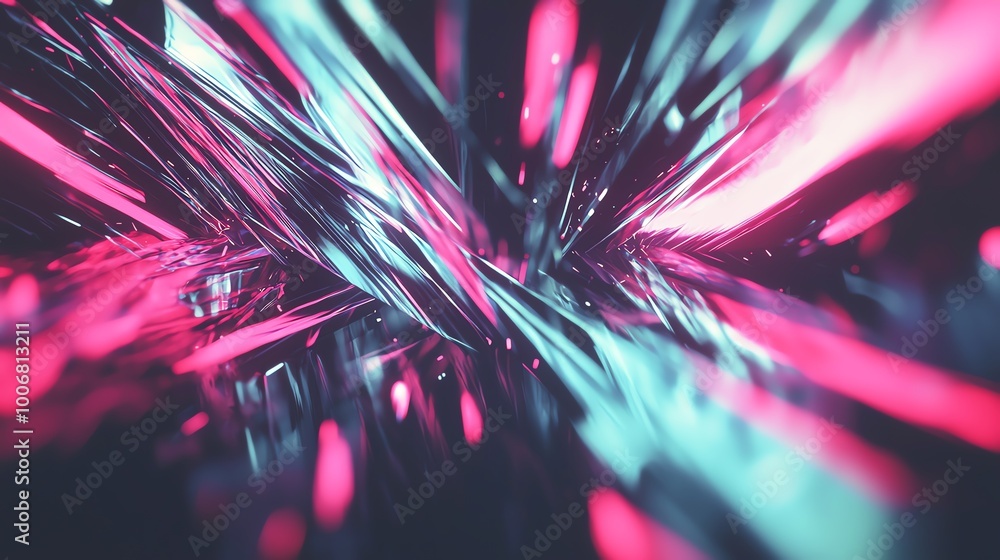 Poster a vibrant abstract composition of glowing lines and shapes in pink and teal, creating a dynamic and 