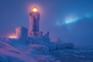 Lighthouse covered in ice with the aurora borealis in the distance.