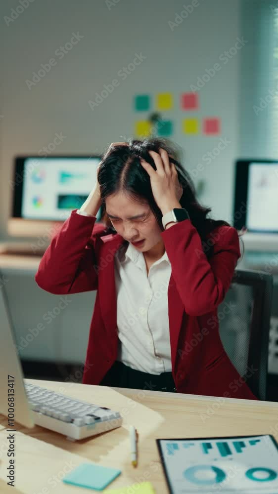 Poster asian businesswoman in a red suit is feeling stressed and having a headache while using a computer t