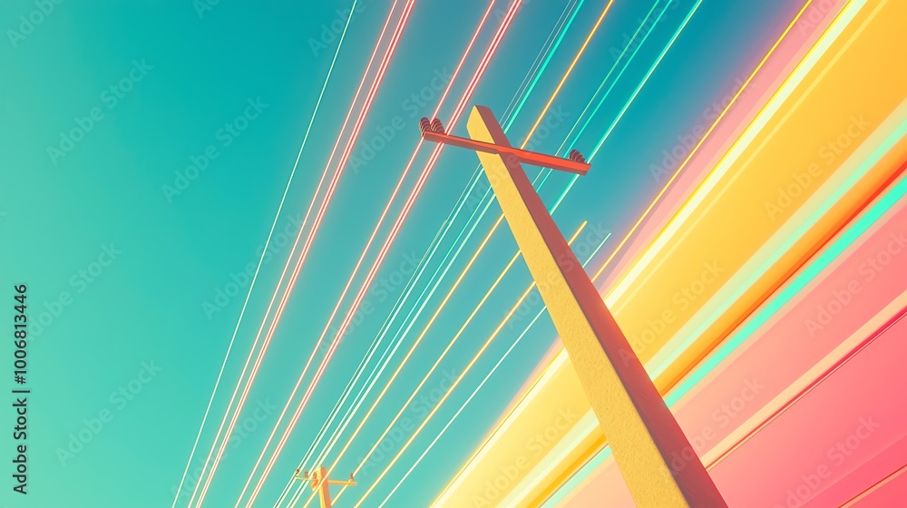 Poster a vibrant and artistic view of power lines against a colorful sky, showcasing dynamic lines and vivi