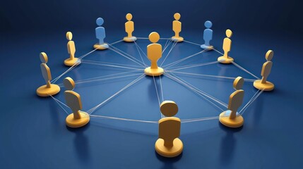 Dynamic 3D network of professionals, connections radiating outward in concentric circles, illustrating growth in business contacts.