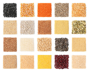 Different cereal grains, seeds and beans on white background, top view. Collection