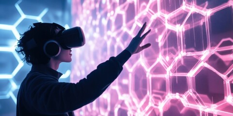 a child wearing virtual glasses and pointing at a wall