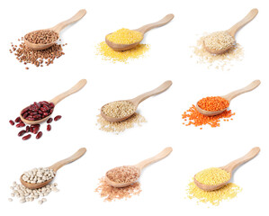 Different cereal grains and beans in wooden spoons on white background, collection