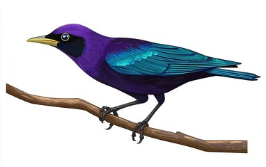A vibrant purple bird perched elegantly on a branch, showcasing its colorful plumage against a clean background