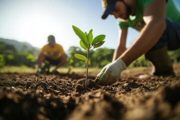 Volunteers planting native trees in a deforested area, promoting reforestation and environmental conservation, with copy space on a clear day Isolated on white background