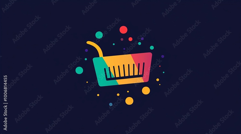 Poster this image features a vivid, multicolored shopping cart icon with abstract colorful dots on a deep d