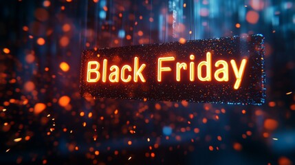 An eye-catching Black Friday neon sign surrounded by lively orange sparkles, conveying excitement and urgency.