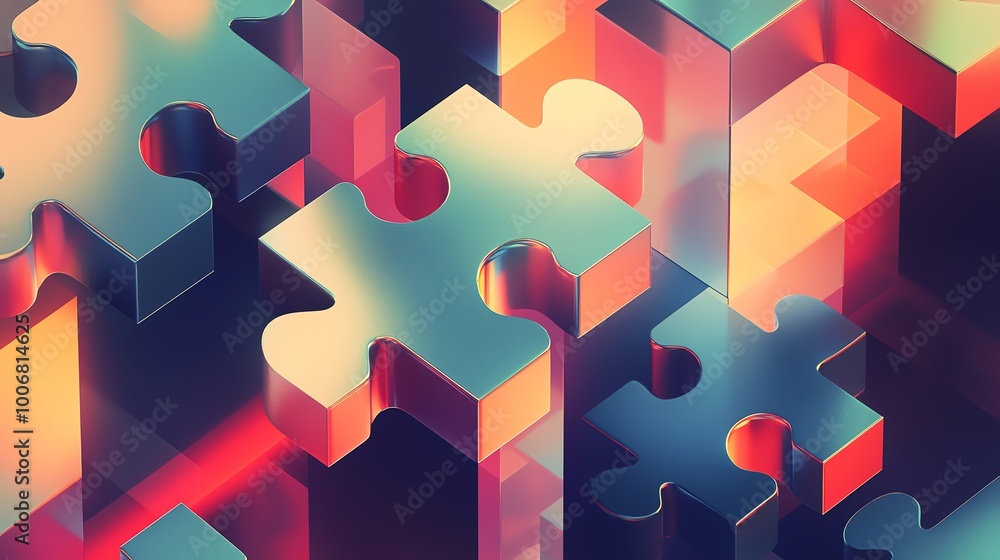 Poster abstract puzzle pieces glowing in vibrant colors, creating a captivating visual composition and evok