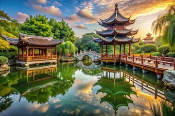 Stone pathways wind through a tranquil Chinese garden, crossing traditional bridges over serene waters where lush greenery and pagodas reflect in mirrored calm.