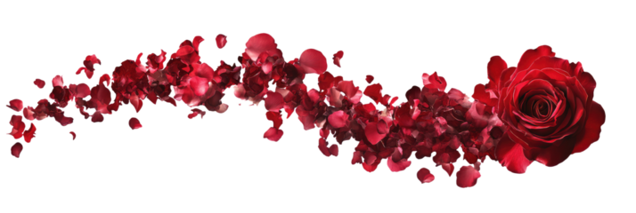 Red rose flower with scattered petals in motion isolated Png, transparent without background.
