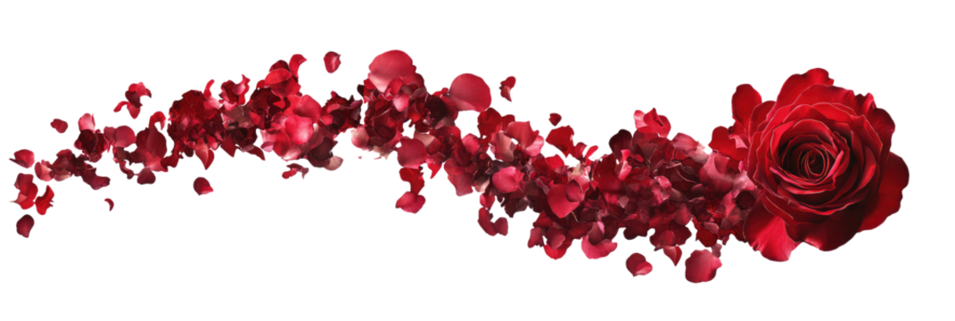Red rose flower with scattered petals in motion isolated Png, transparent without background. - Powered by Adobe