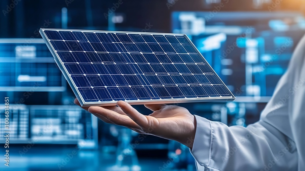 Poster engineer demonstrating solar panel model in laboratory