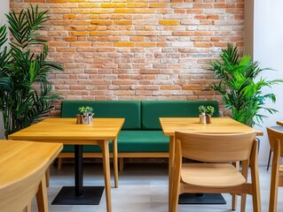 Modern cafe restaurant interior with stylish wooden furniture and cozy ambiance