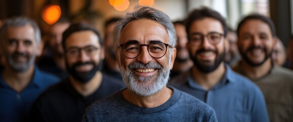 Cheerful senior man with gray beard leading diverse group of men. Workplace diversity and leadership. International Men's Day