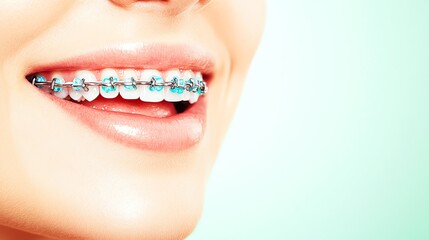 Obraz premium Close-up of a smiling person with braces, showcasing a bright smile and healthy teeth against a soft background.