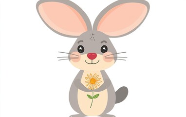 Obraz premium A cheerful bunny holds a bright daisy flower, spreading joy and warmth on a sunny day in a whimsical forest setting