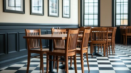 Obraz premium Empty restaurant interior with wooden tables and chairs, framed artwork, large windows, and checkered floor