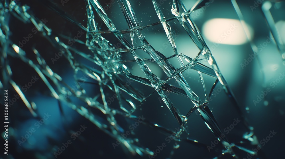 Poster close-up view of shattered glass reflecting light, showcasing intricate patterns and textures, perfe