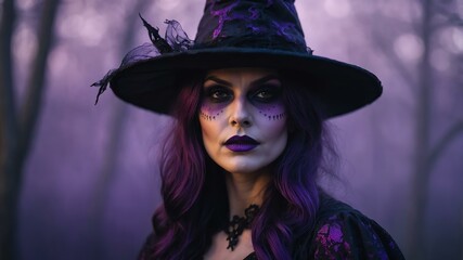 Fototapeta premium abstract eerie glowing purple closeup of a Halloween witch on misty background, bokeh background
