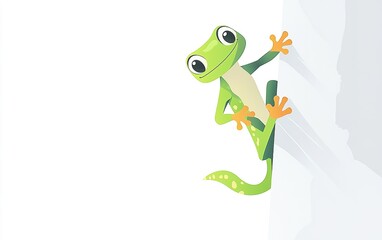 Obraz premium A cheerful green gecko peeks around a white corner in a vibrant and playful illustration filled with joy and curiosity