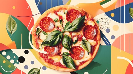 Naklejka premium Delicious pepperoni pizza topped with fresh basil on a vibrant abstract background, perfect for food and culinary themes.