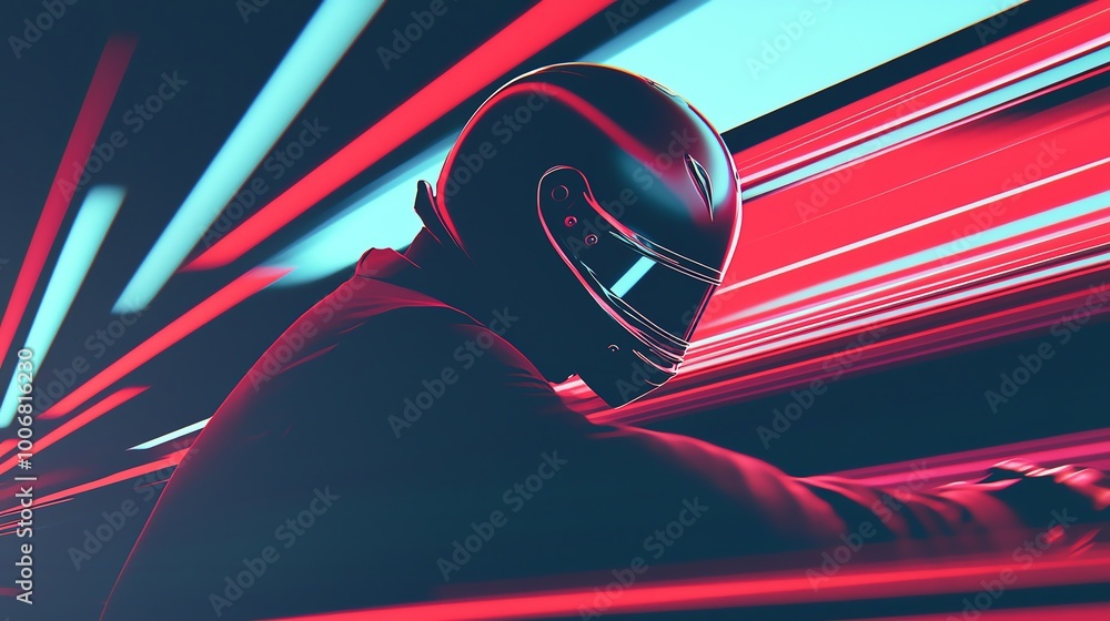 Poster dynamic racer in a futuristic setting, showcasing speed and technology with vibrant light trails in 