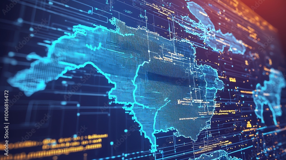 Poster futuristic digital map with glowing elements and data visualization, ideal for tech and geographic t