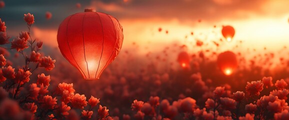 Obraz premium Red lanterns floating over flower field at sunset. Loy Krathong or Yi Peng festival concept