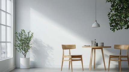 modern minimalist restaurant interior design with sunlight, white decor, simple furniture, wooden elements, and a welcoming ambiance for enjoying meals and drinks