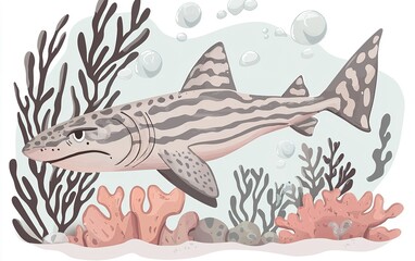 Obraz premium A playful shark glides through vibrant coral reefs, surrounded by swaying seaweed and bubbles in a tranquil underwater habitat