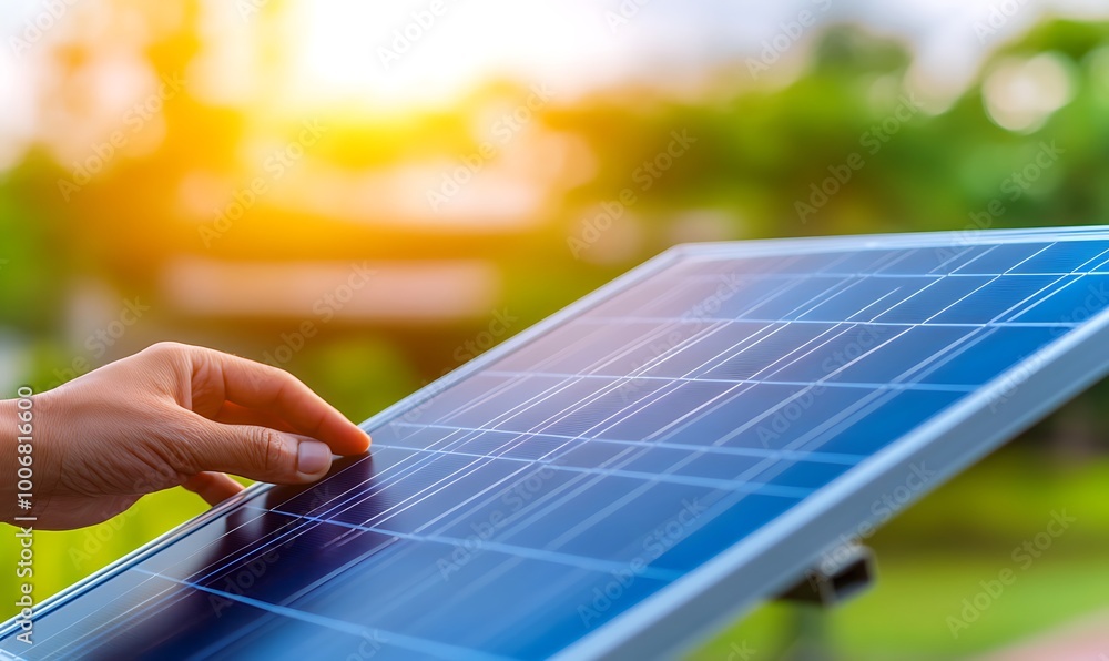 Poster engineer adjusting miniature solar panel model in lab