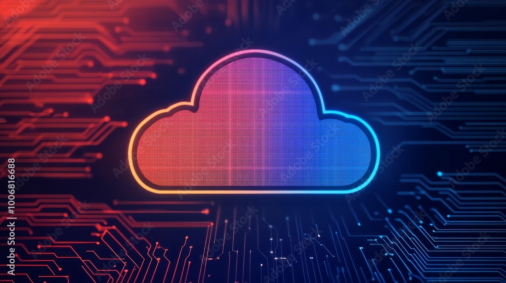 Poster a vibrant cloud symbol interwoven with circuit lines symbolizes the interconnectedness of modern clo
