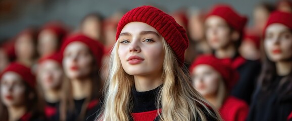 Fototapeta premium Young woman with red beret among crowd. World Students Day concept