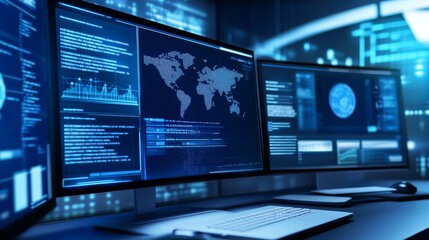 A high-tech control room with computer monitors showcasing cybersecurity data analytics and global maps.